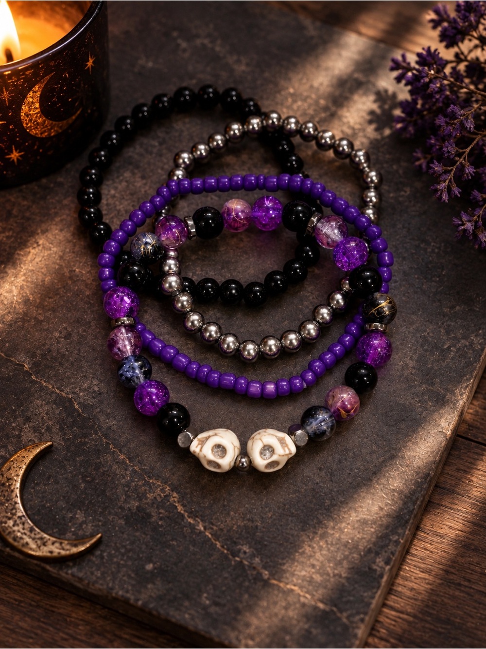 Spooky Season Skull Handmade Stack Bracelet Set | Halloween Beaded Bracelet